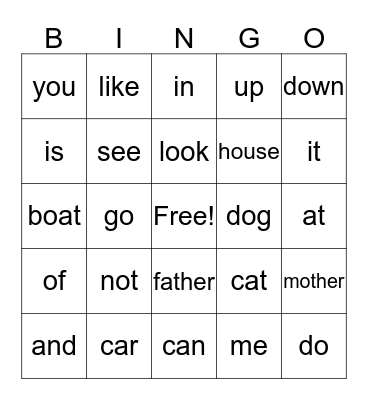 Kindergarten HFW Bingo Card