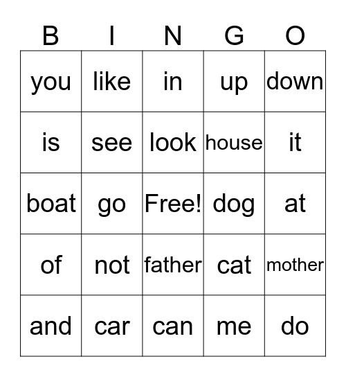 Kindergarten HFW Bingo Card