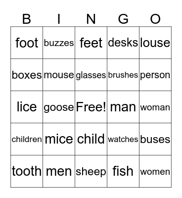 Plural Nouns Bingo Card