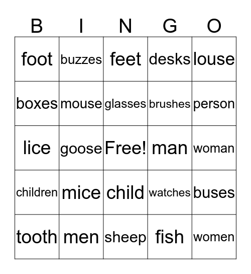 Plural Nouns Bingo Card