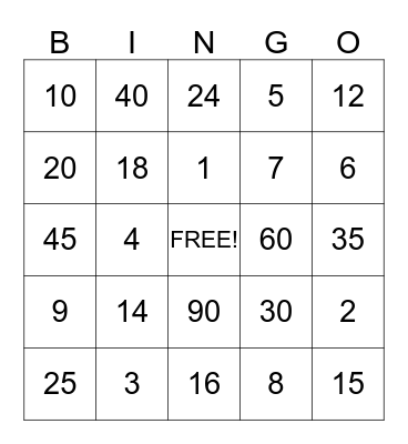 Multiplication Products Bingo Card
