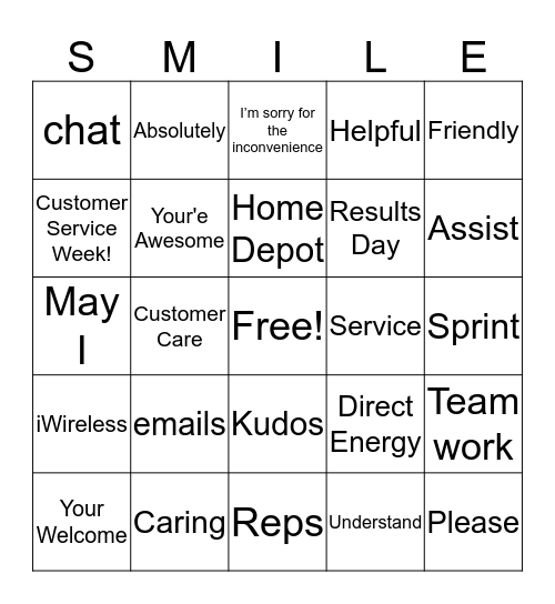 Customer Service Bingo Card