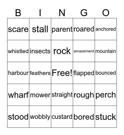 Vocabulary word Bingo Card