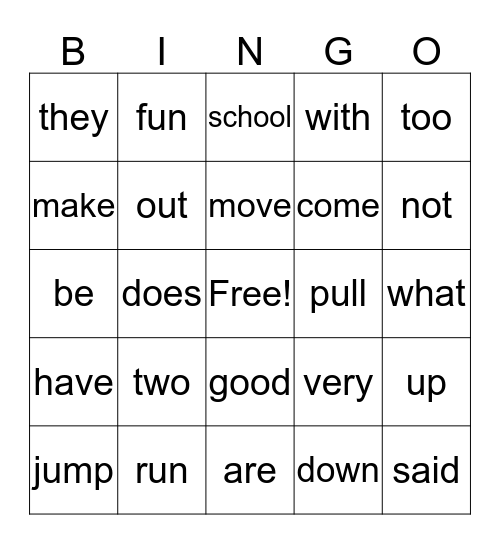 Sight Word Bingo Card