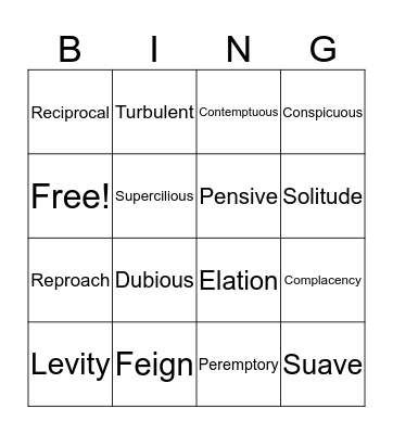 Vocabulary Unit 2 Bingo Card