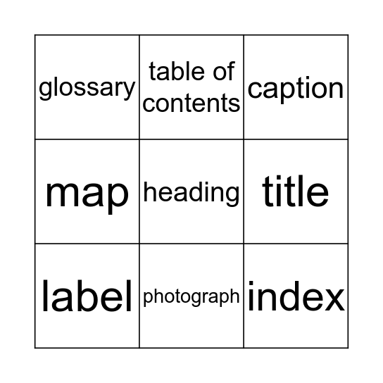 Text Features Bingo Card