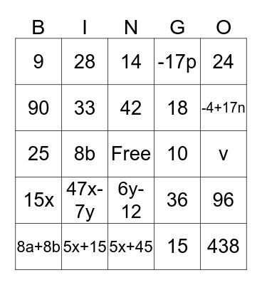 ALGEBRA I BINGO Card