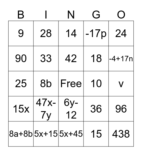 ALGEBRA I BINGO Card