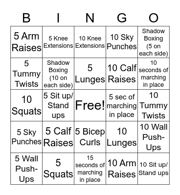 Exercise Bingo Card