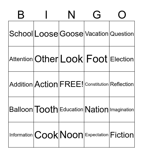 The "tion" and "oo" words!! Bingo Card
