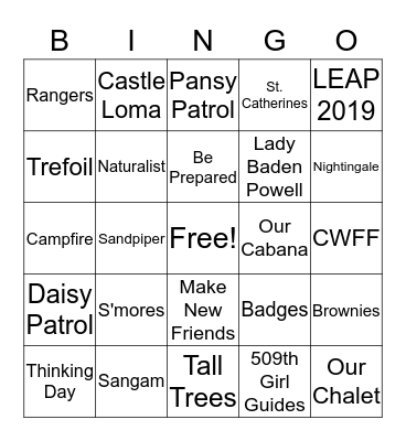 509th Girl Guide BINGO Card