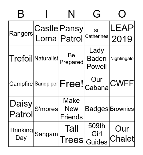 509th Girl Guide BINGO Card