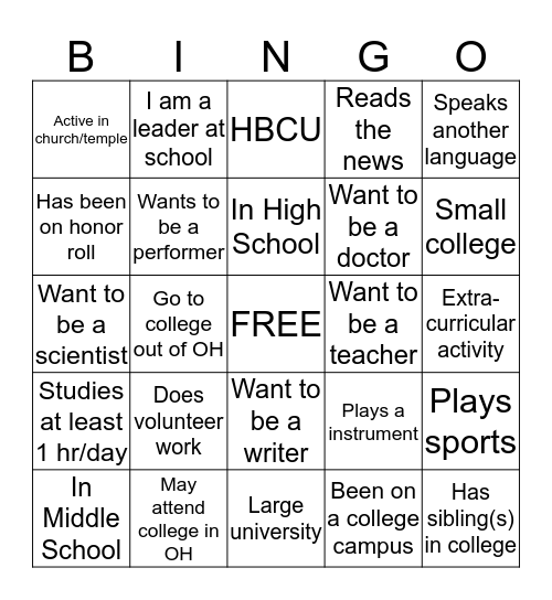 JUMP START U4 COLLEGE BINGO Card