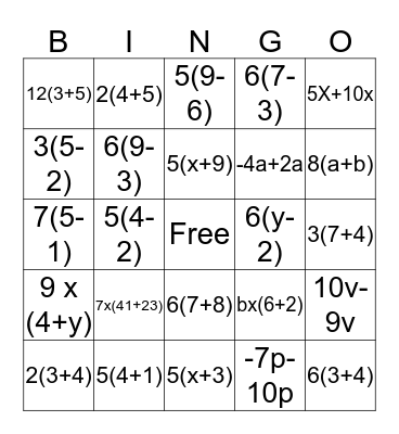 ALGEBRA I BINGO Card