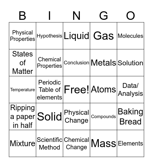 Unit 1 Science Bingo Card