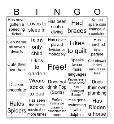 ACA Fall Gathering Get To Know You Bingo Card