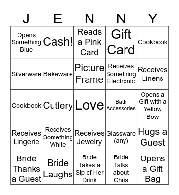 Bridal Shower Bingo! Bingo Card