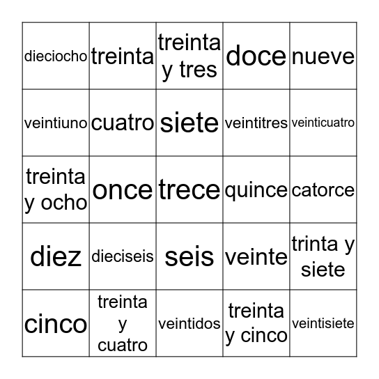 Los numeros del 0 al 39 Bingo Card