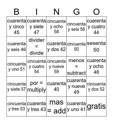 Los numeros de 40-60 Bingo Card