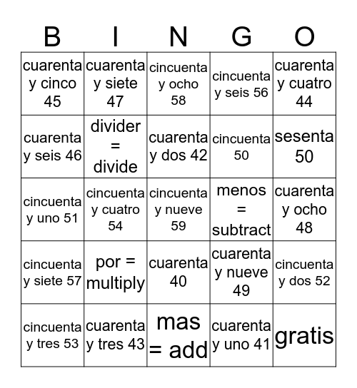 Los numeros de 40-60 Bingo Card