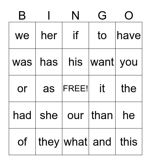 Sight Words Bingo Card
