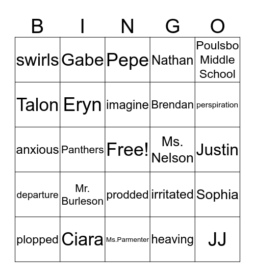 2nd Period Bingo Card