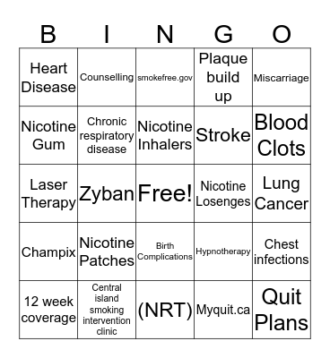 Smoking Cessation Smoking Effects Bingo Card