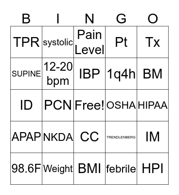 Vital Signs Bingo Card