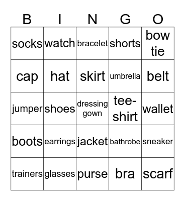 Clothes Bingo Card