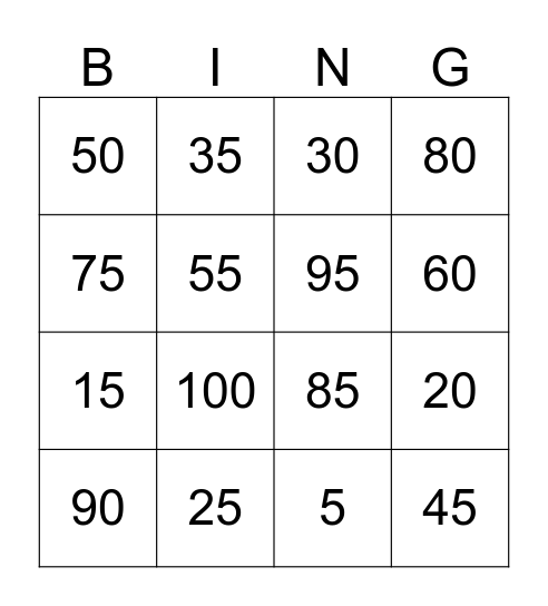 5和10乘法Bingo Card