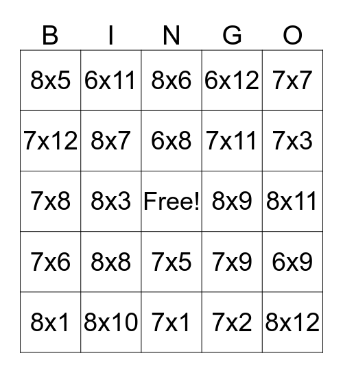 Multiplication Bingo Card