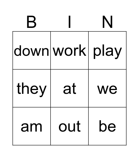 sight words Bingo Card