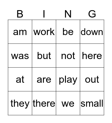 sight words Bingo Card