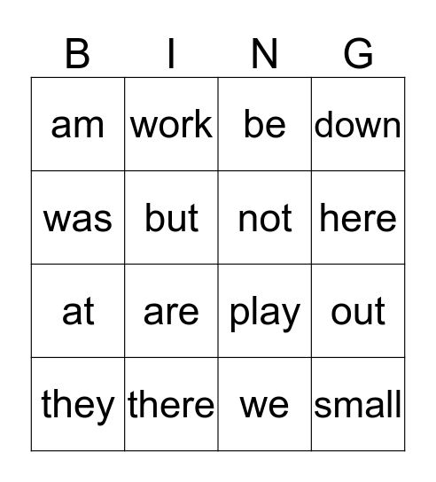 sight words Bingo Card