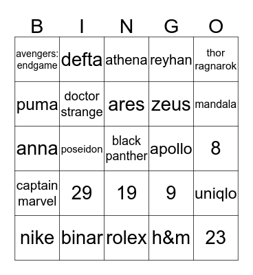 punya xander Bingo Card