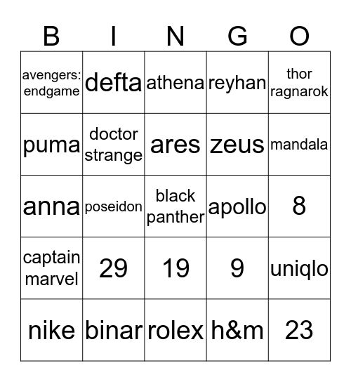 punya xander Bingo Card