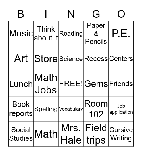 Third Grade Bingo Card