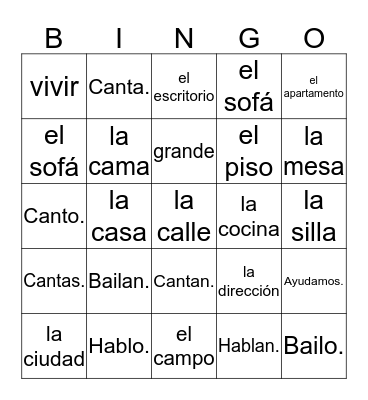 Spanish 1 Q1T2 House & Home Bingo Card