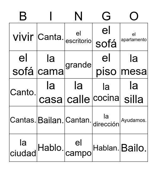 Spanish 1 Q1T2 House & Home Bingo Card