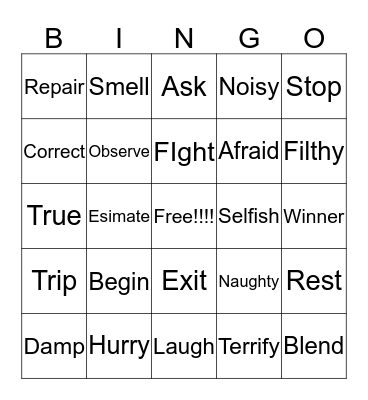 Synonym Bingo Card