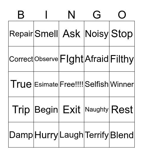 Synonym Bingo Card
