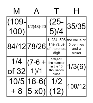 M A T H Bingo Card