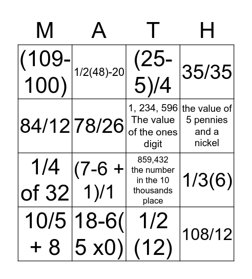 M A T H Bingo Card