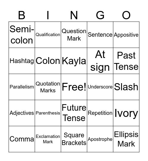 Punctuation Bingo Card