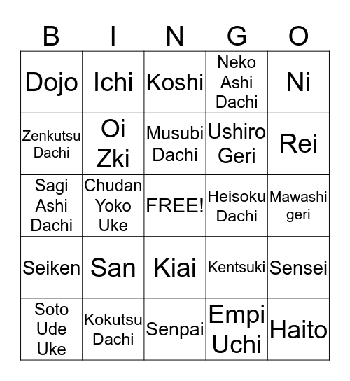 KARATE BINGO Card