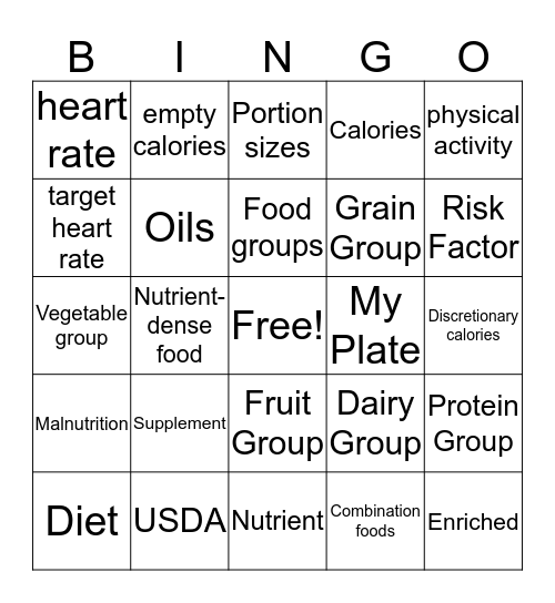 Nutrition Bingo Card