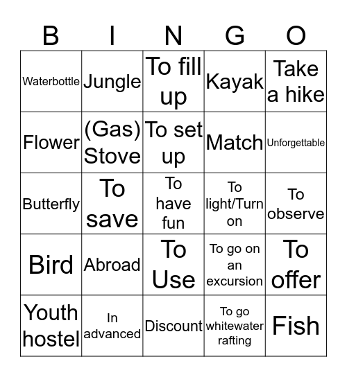 Unidad 1, Leccion 1, Vocabulario de Acampar Bingo Card