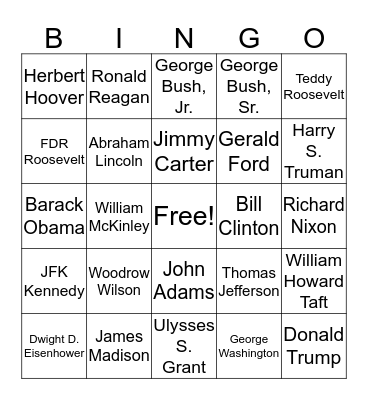 US Presidents Bingo Card