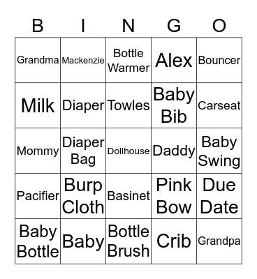 Baby Mackenzie's  Bingo Card