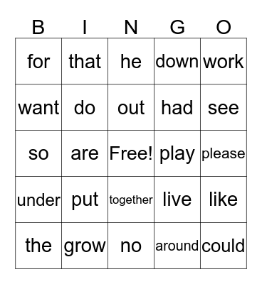 1st B Bingo Card
